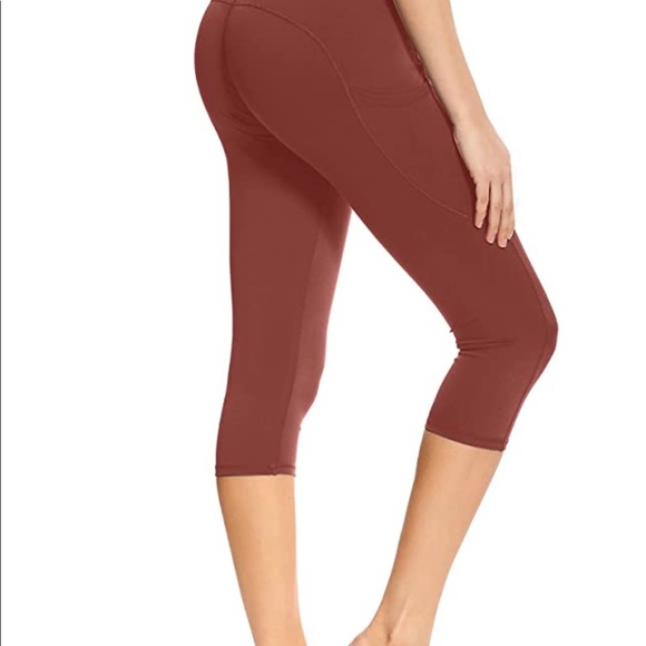 Salmon Rose Red Yoga Pants w/ Pockets, Leggings for High Waist & Tummy Control - Picture 3 of 4